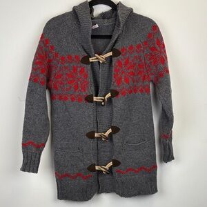 Rossopuro Lana Wool Gray and Red Hooded Snowflake Toggle Cardigan Size medium